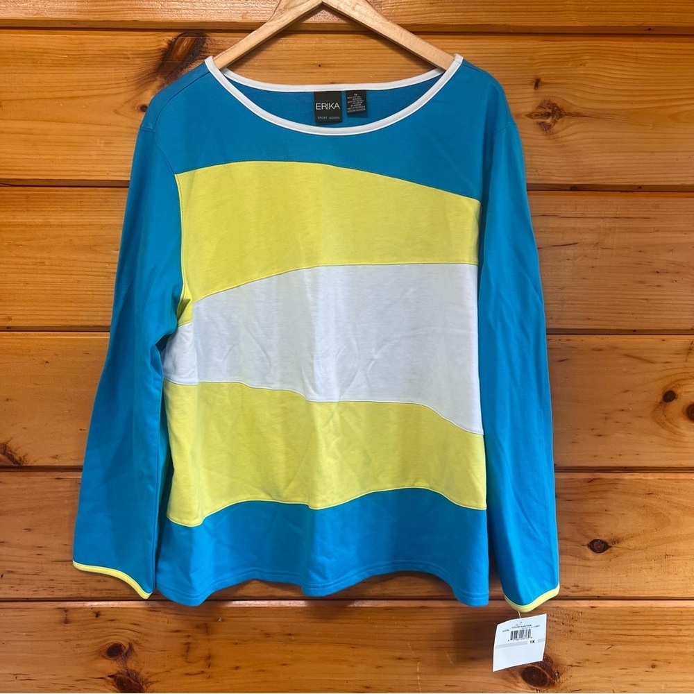 NWT Erika Sport Woman Blue and Yellow Color Block Pullover Top 1X